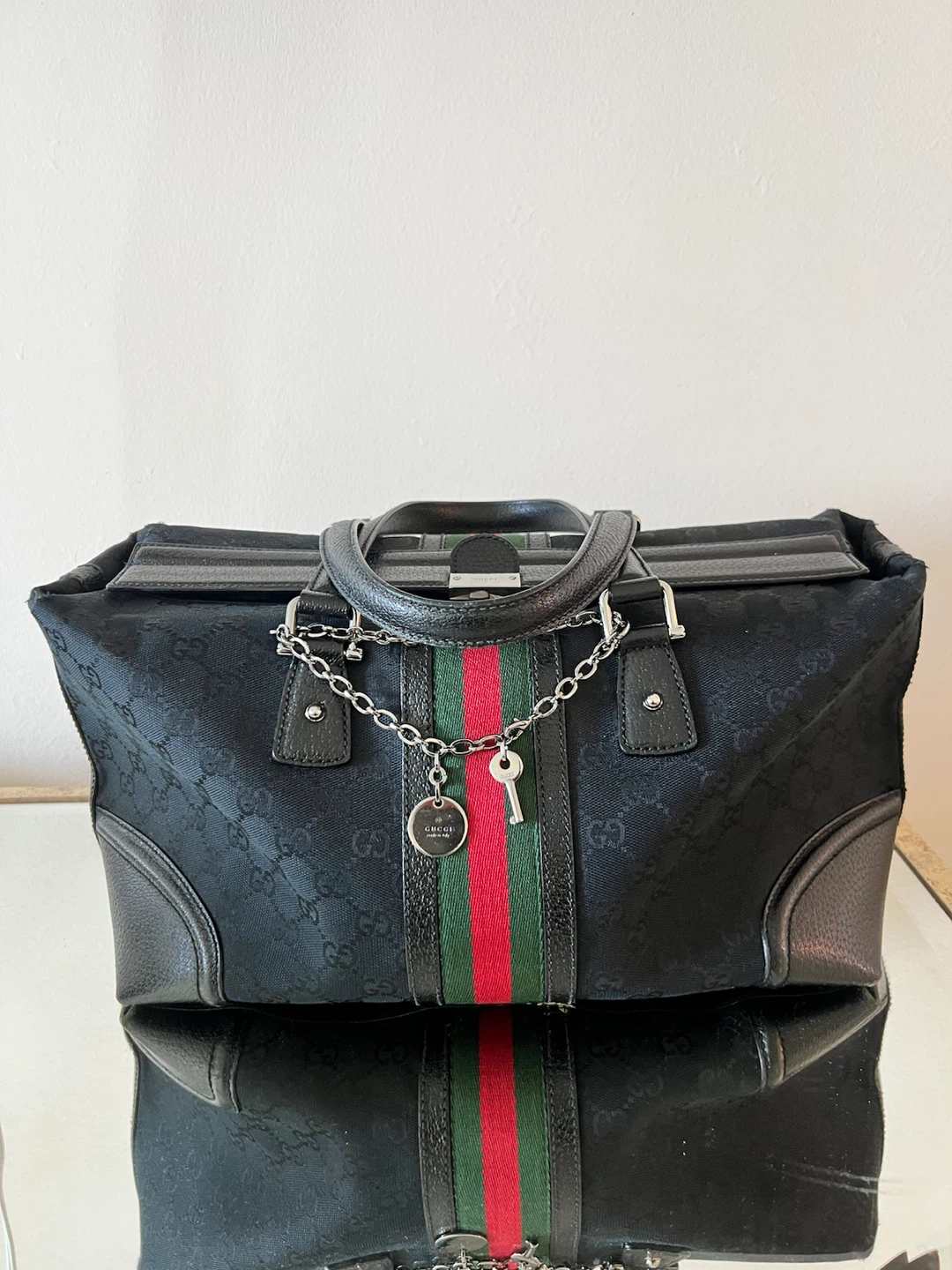 Gucci Black GG Canvas Stripe Duffle Bag
