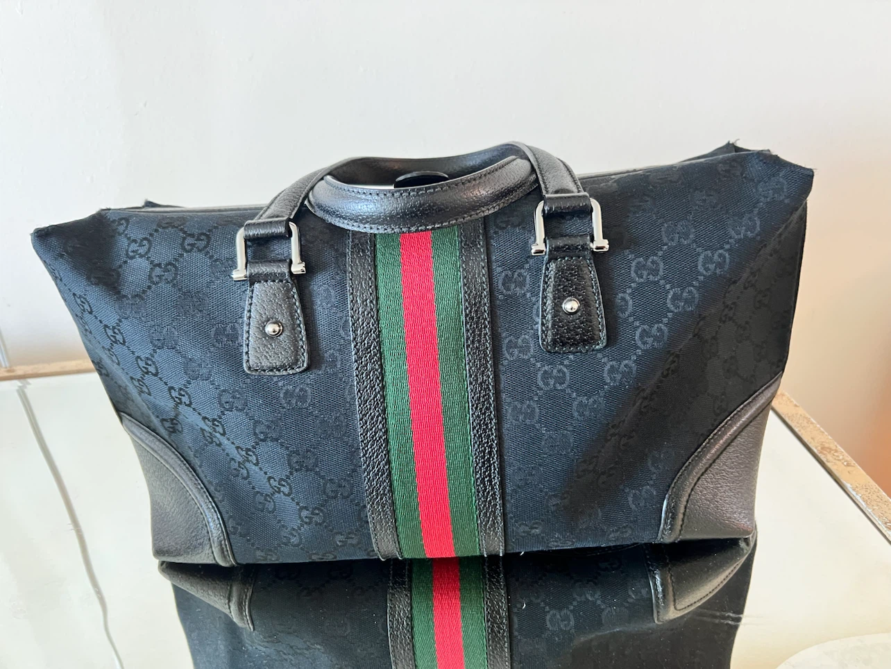 Gucci Black GG Canvas Stripe Duffle Bag - photo 3