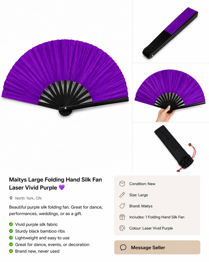 Maitys Large Folding Hand Silk Fan - Laser Vivid Purple