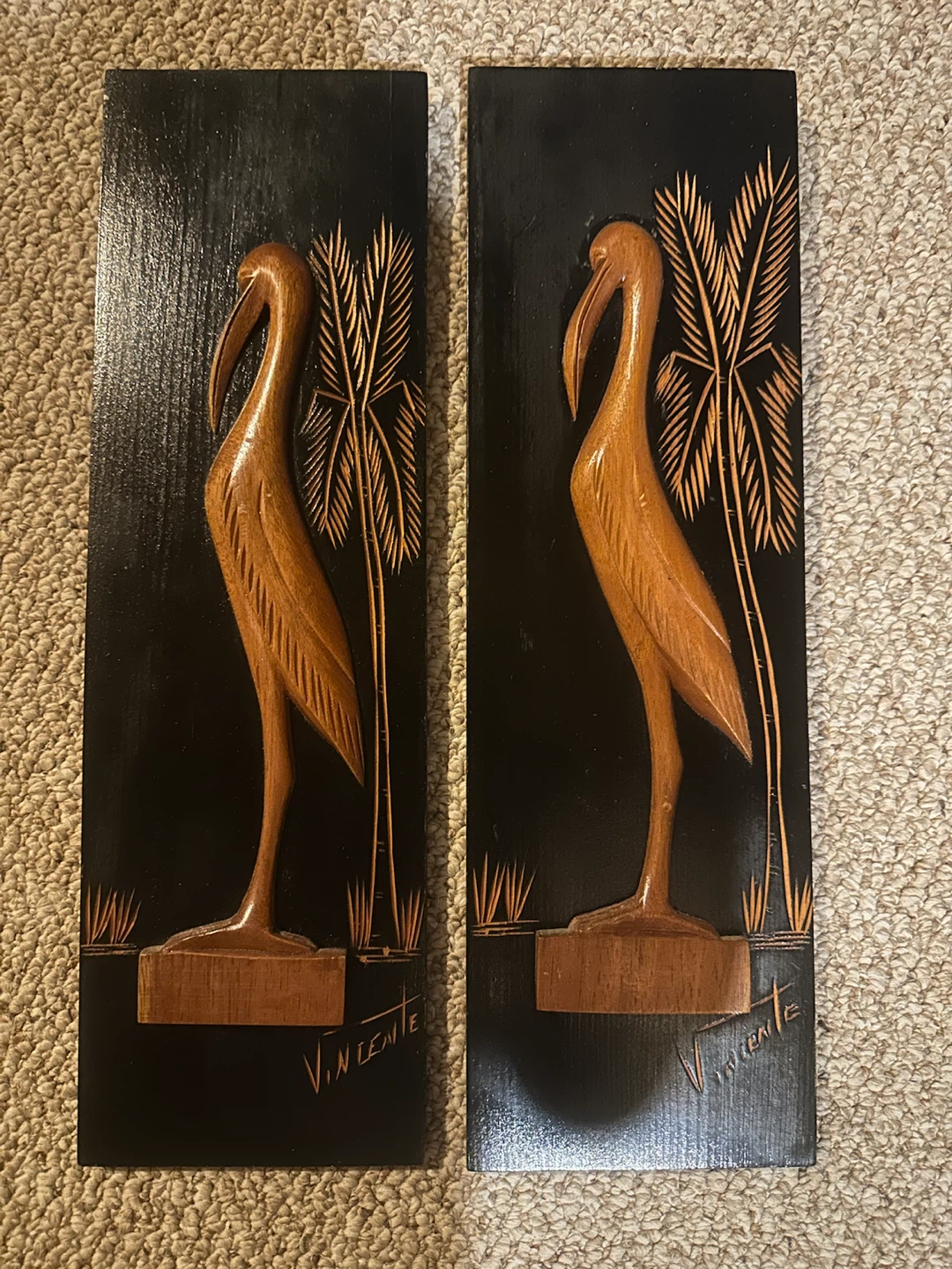 Wood Carving Wall Art Set - Heron & Palm Trees