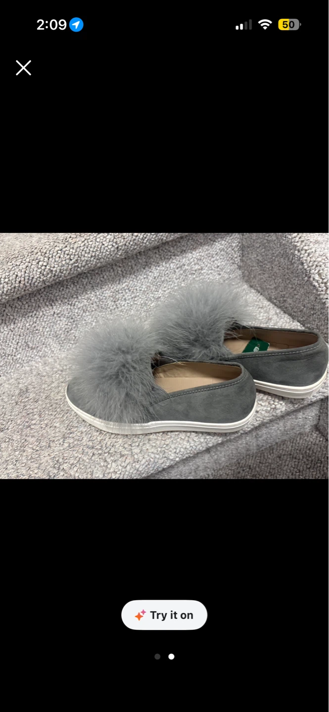 Grey Suede Slip-on Shoes with Pom-Pom Detail