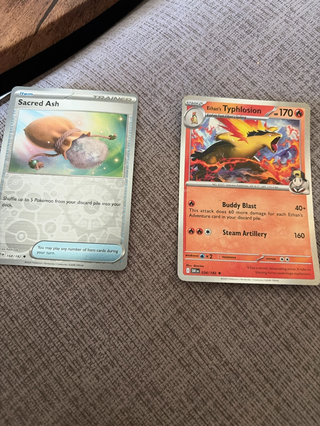 Pokemon Sacred Ash Item Card and Ethan's Typhlosion Card