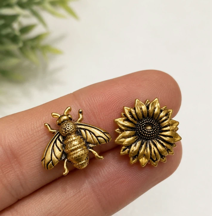 Bee & Sunflower Set – Earrings or Pins