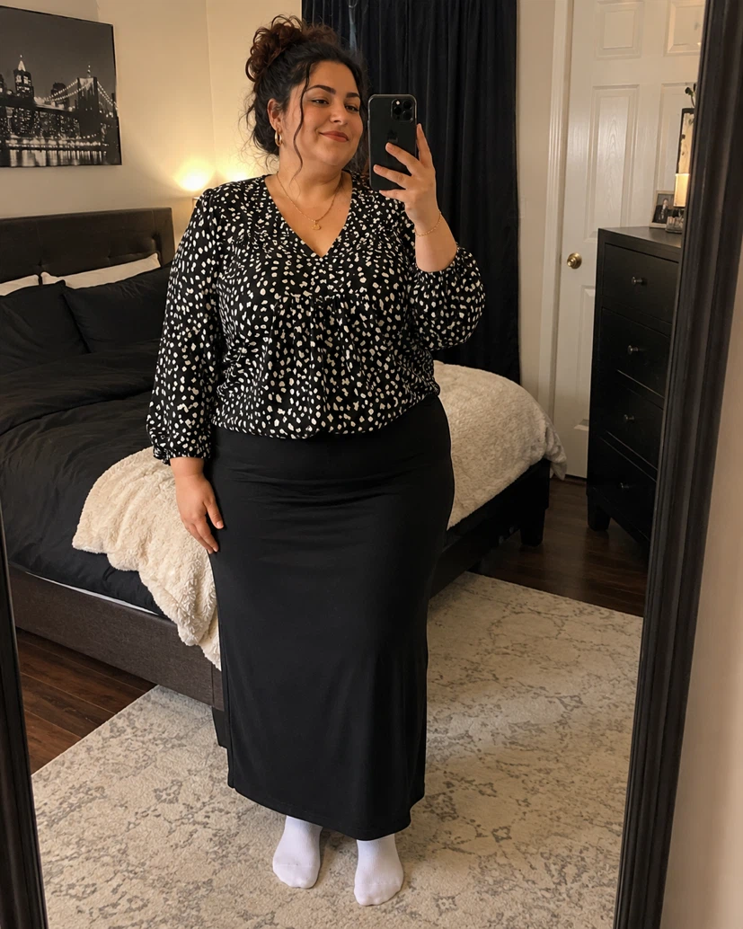 Black and white polka dot long sleeve blouse