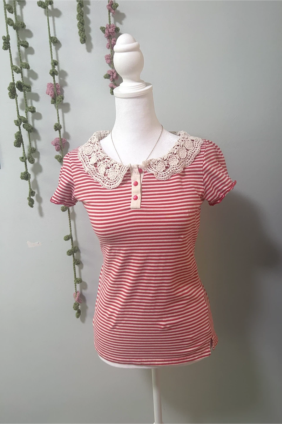 La Chapelle Sport Striped Top with Crochet Collar