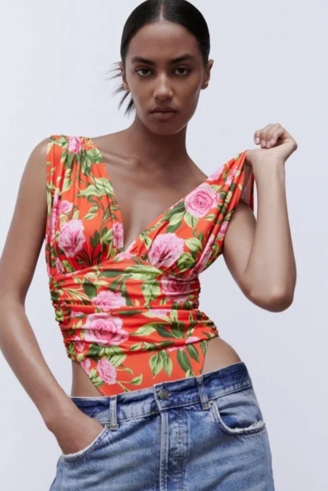 ZARA Orange Floral Ruched Bodysuit