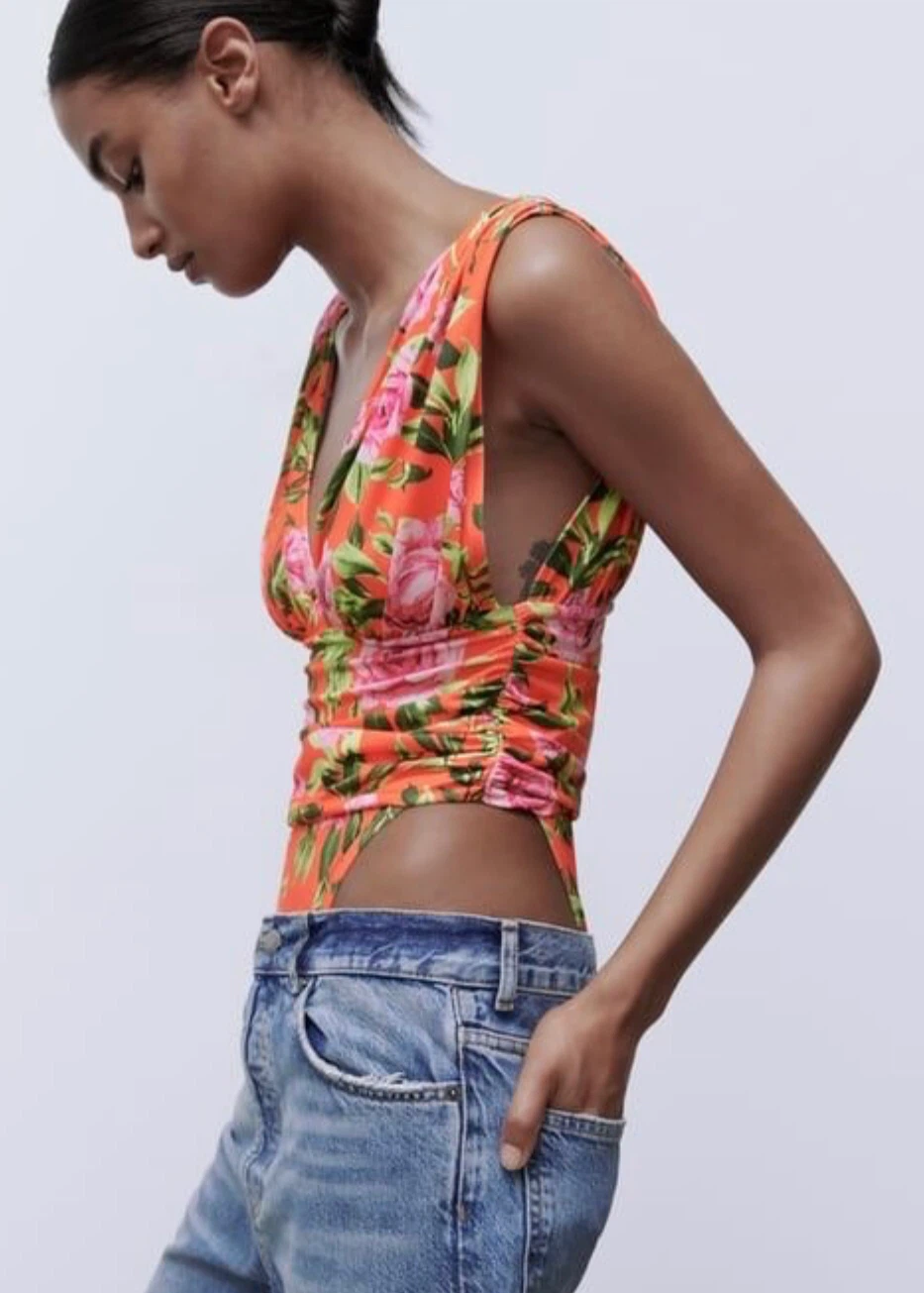 ZARA Orange Floral Ruched Bodysuit - photo 2