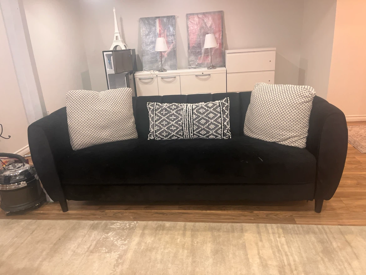 Black Velvet Sofa with Accent Pillows