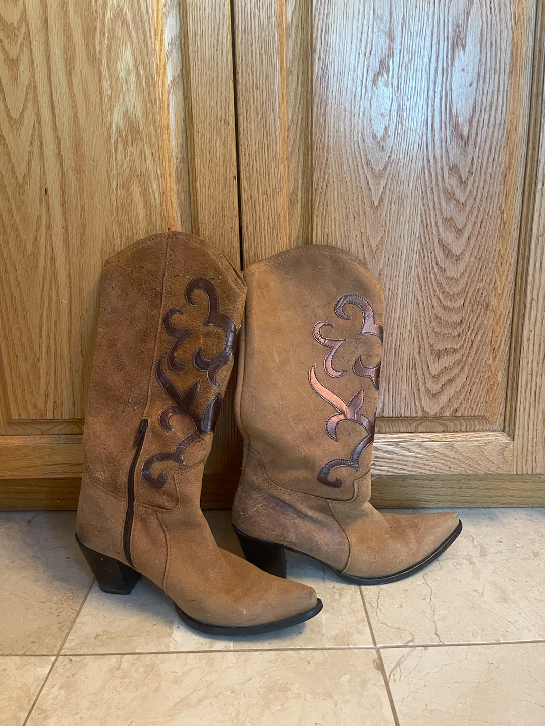 Brown Suede Cowboy Boots with Zipper