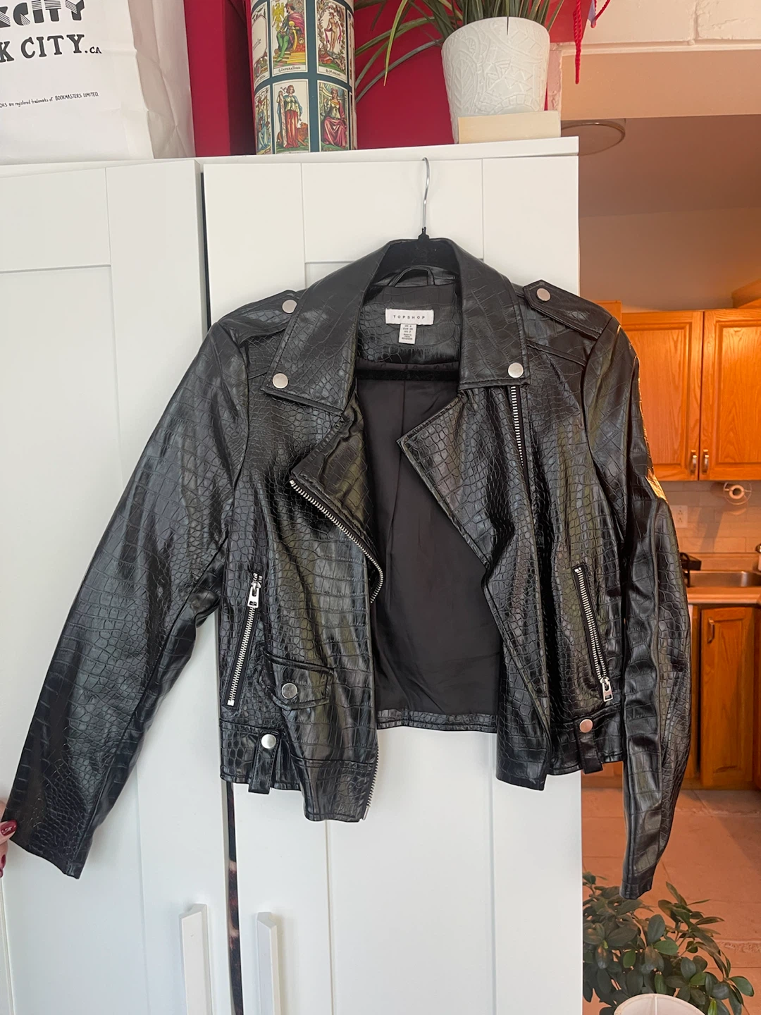 TOPSHOP Black Faux Croc Moto Jacket