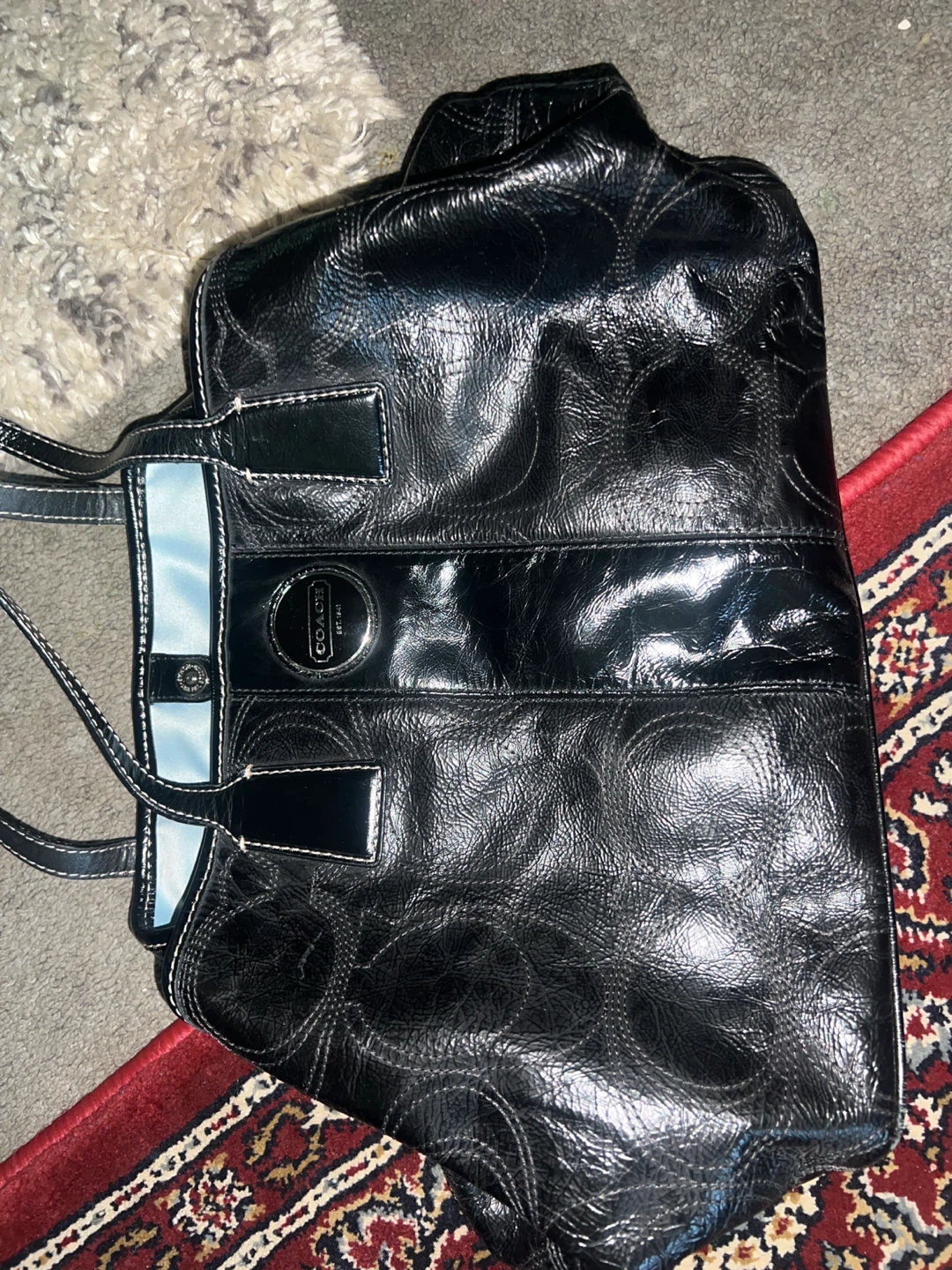 Coach Black Leather Monogram Tote Bag