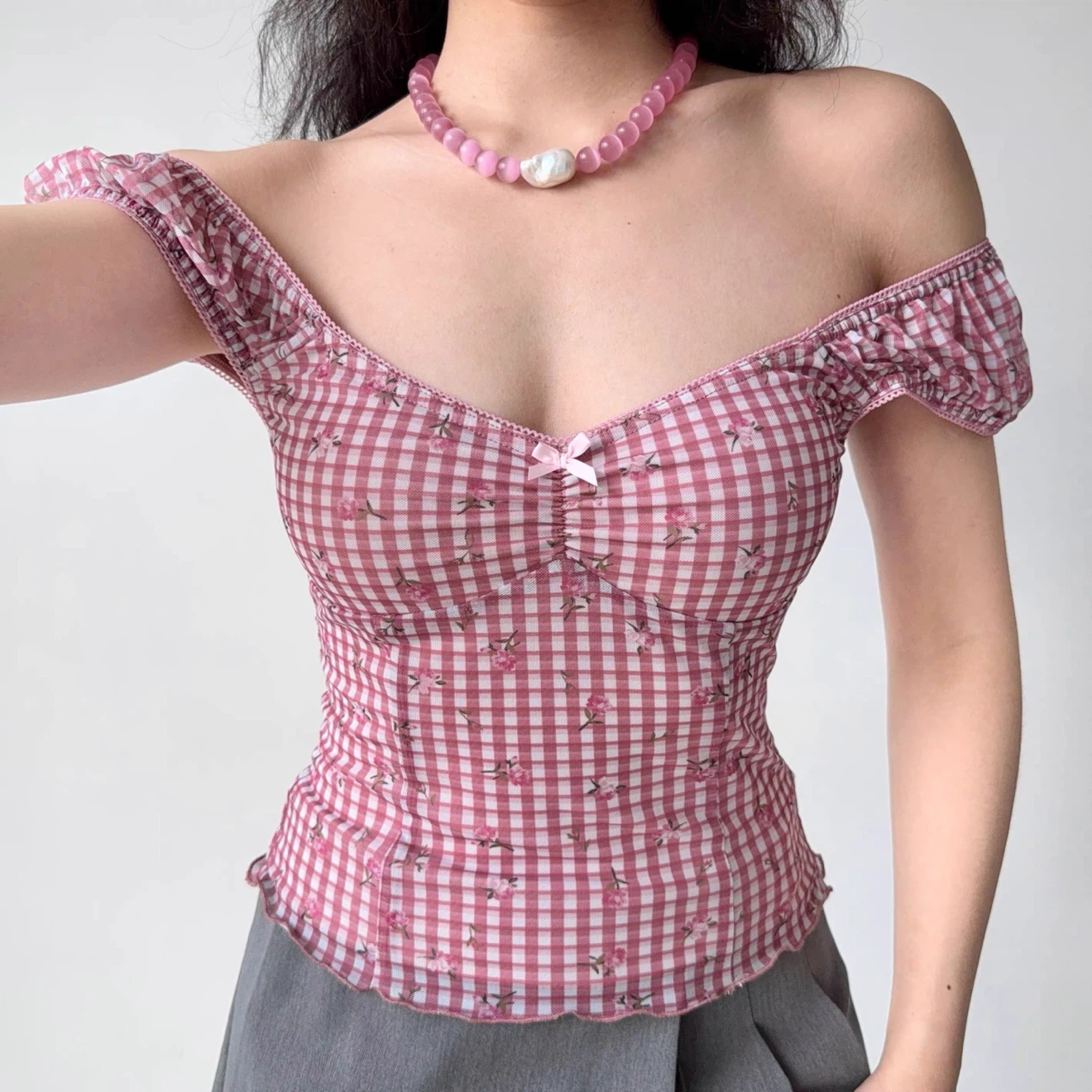 Pink Gingham Floral Cottagecore Top