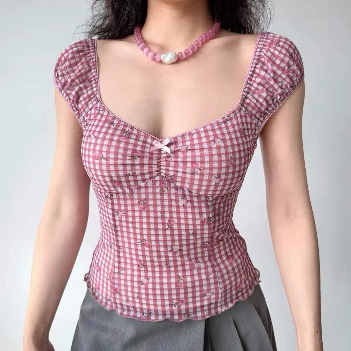 Pink Gingham Floral Cottagecore Top - photo 2
