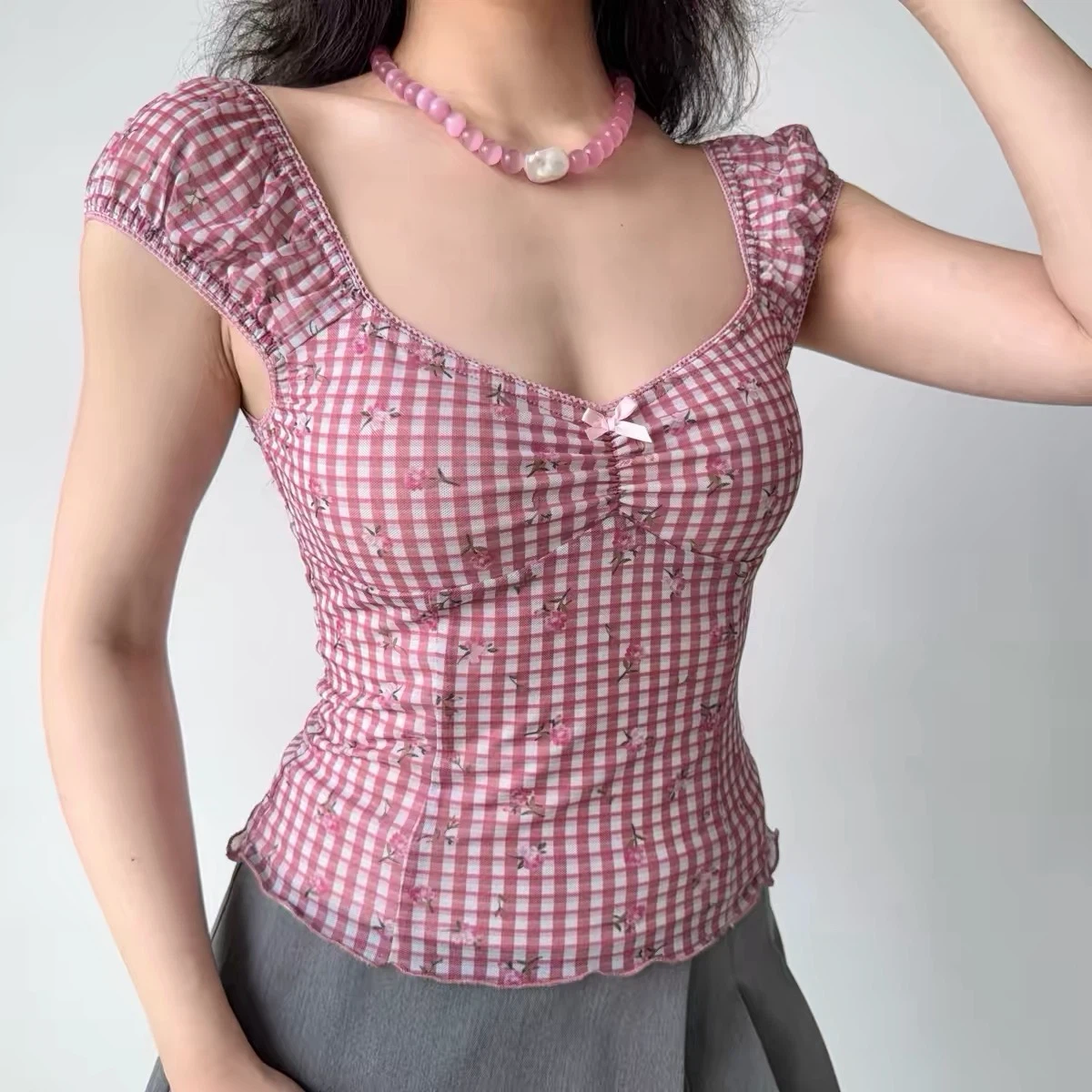 Pink Gingham Floral Cottagecore Top - photo 3
