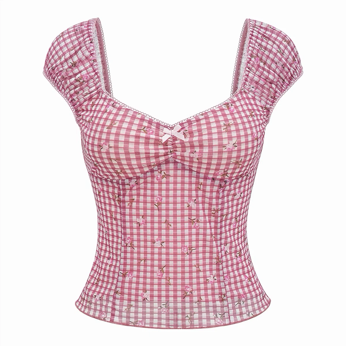 Pink Gingham Floral Cottagecore Top - photo 4
