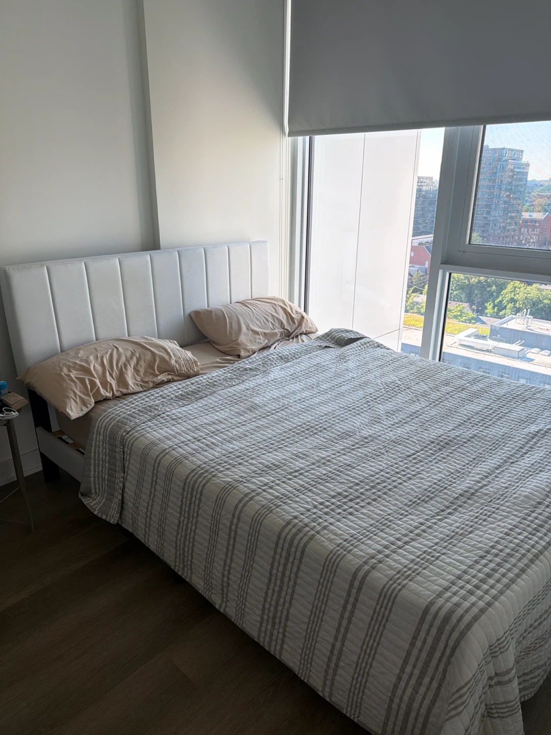 White Faux Leather Headboard Queen Bed Frame and spring mattress