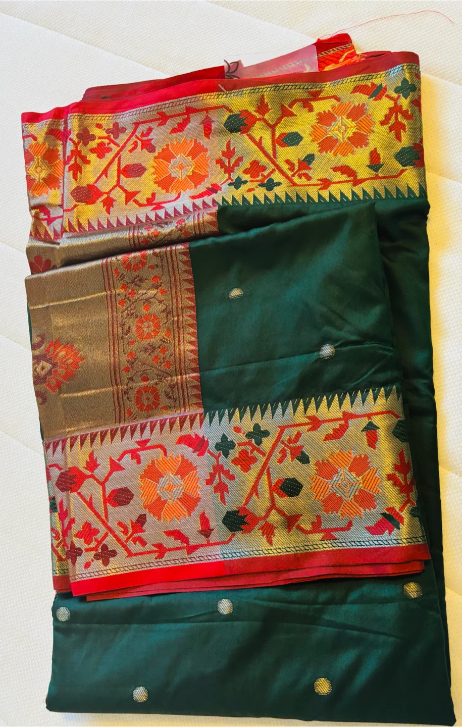 Dark Green Saree with Red and Gold Border - photo 3