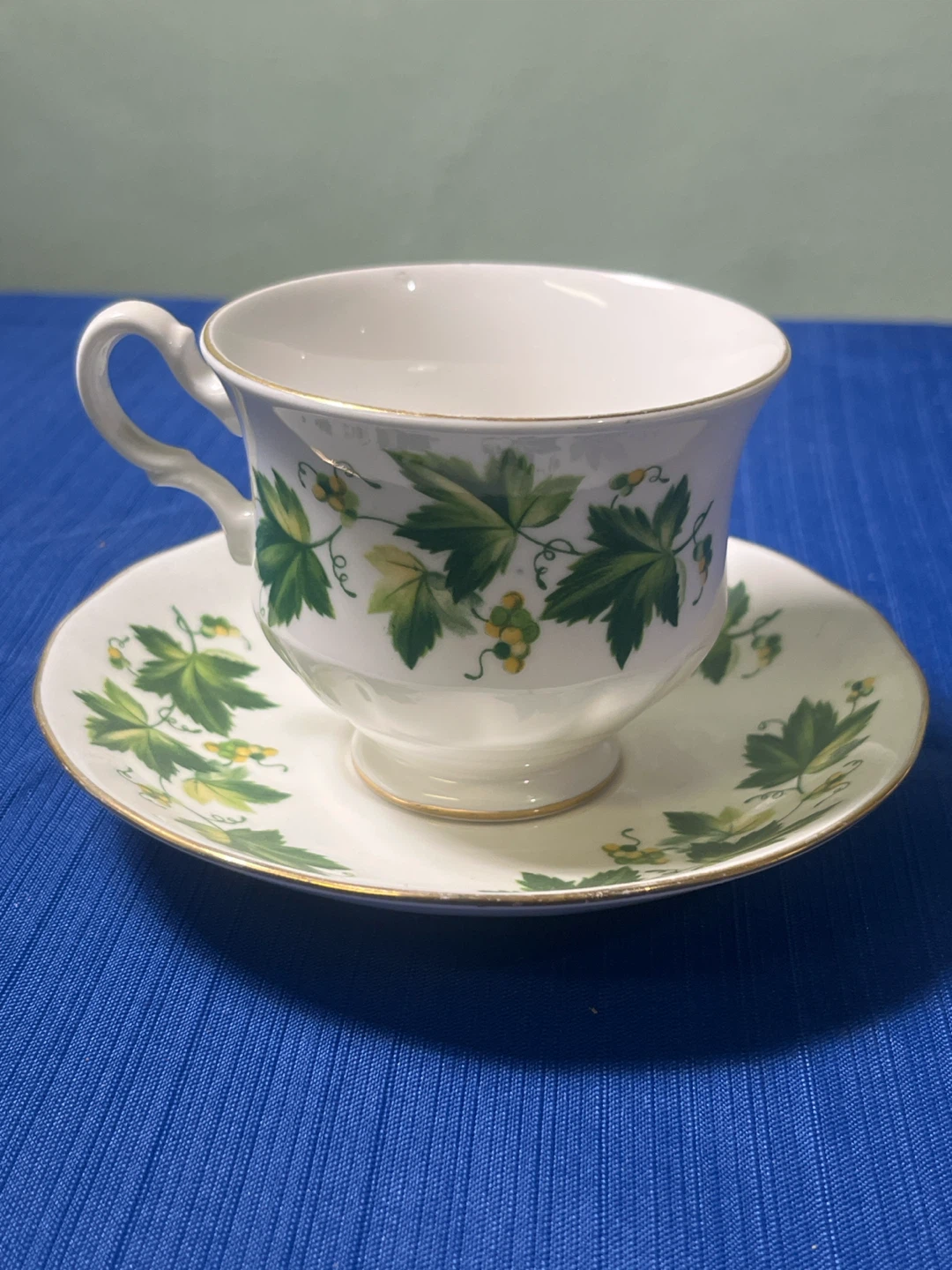 Vintage Queen Anne Bone China Teacup/Saucer - Green Vine #8640