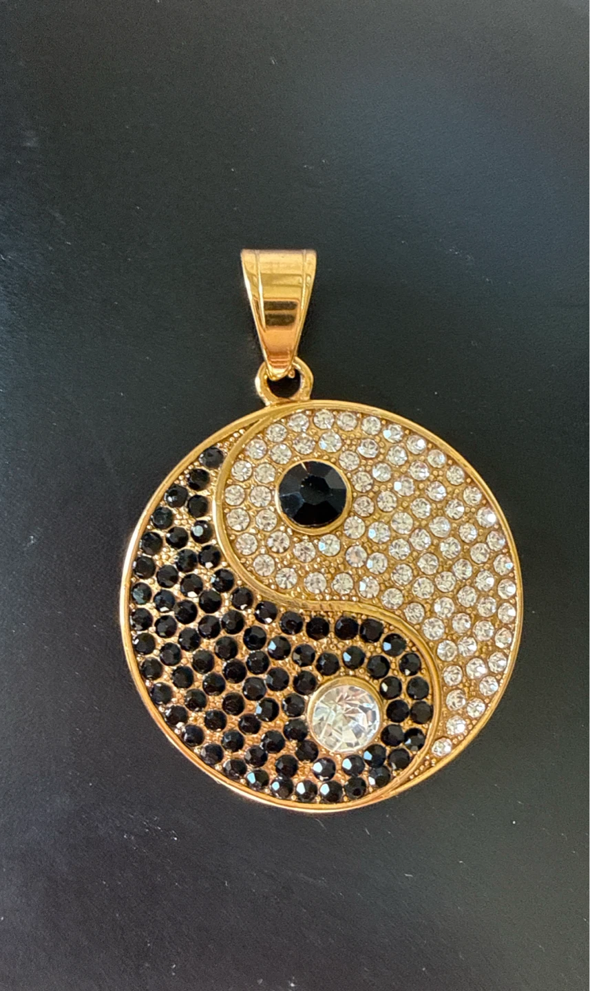 Gold Tone Yin Yang Pendant with Black and Clear Stones