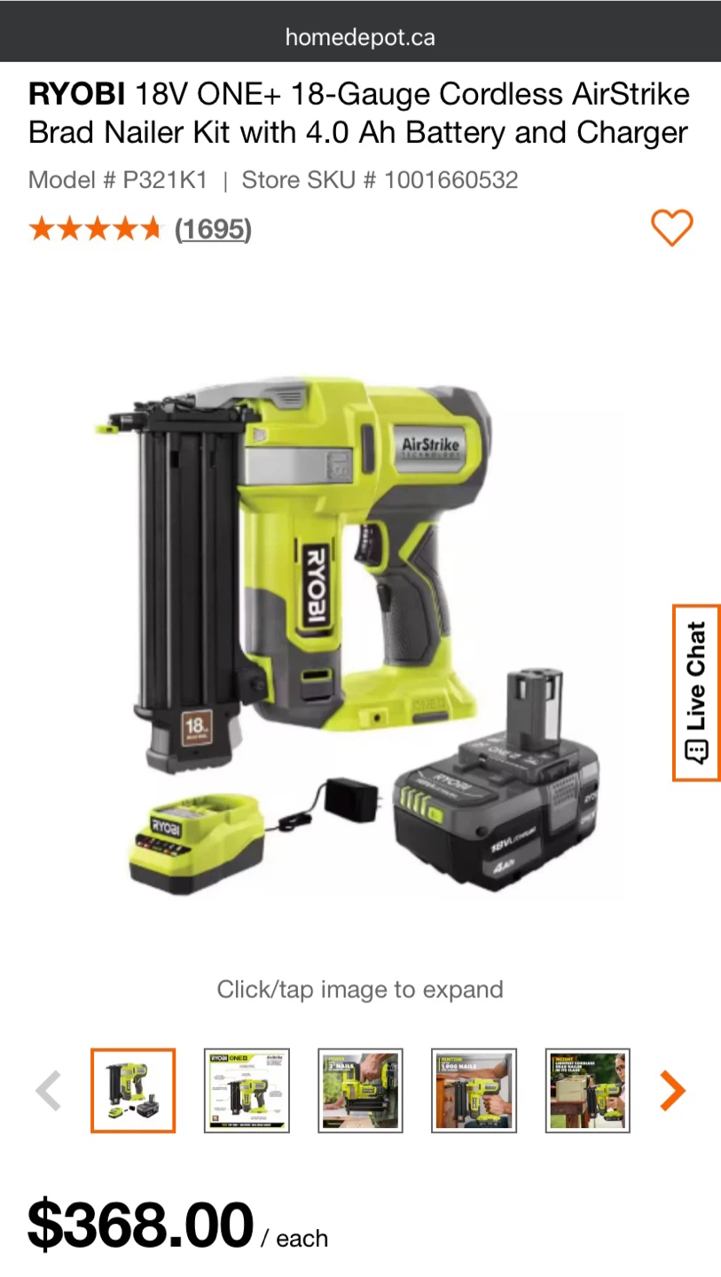 Ryobi 18V ONE+ Cordless AirStrike Brad Nailer Kit