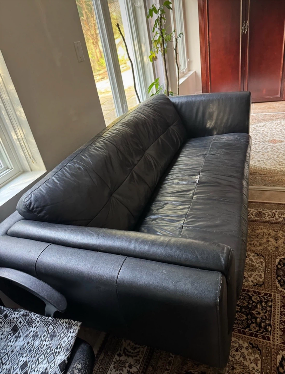 Black Leather 3-Seater Sofa / Couch - Modern Style
