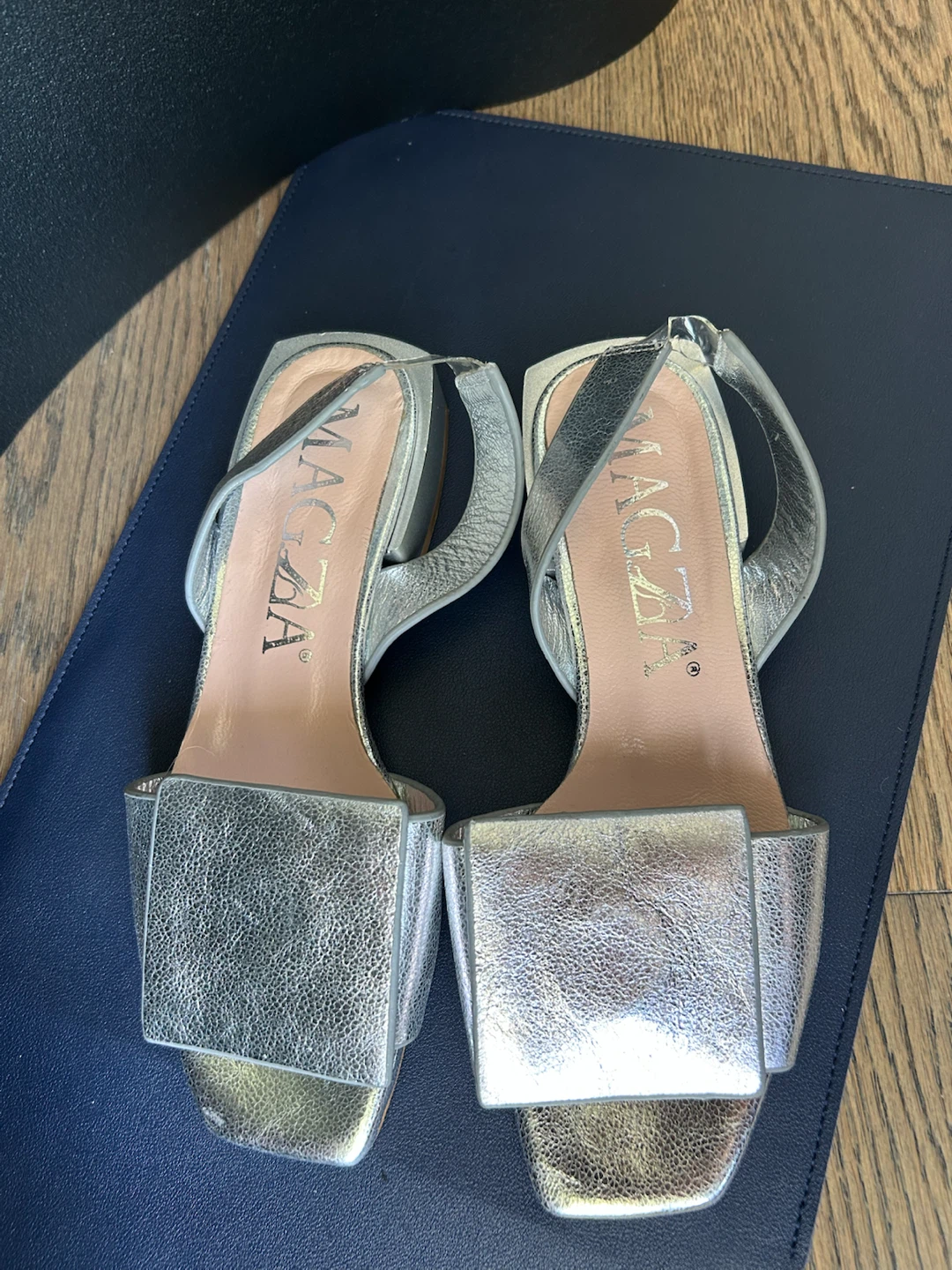 MAGDA Silver Metallic Block Heel Sandals Size 36