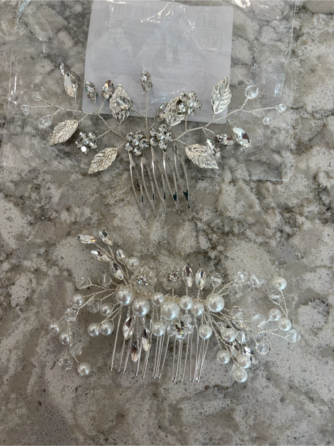 Silver Rhinestone and Pearl Hair Combs (Set of 2)