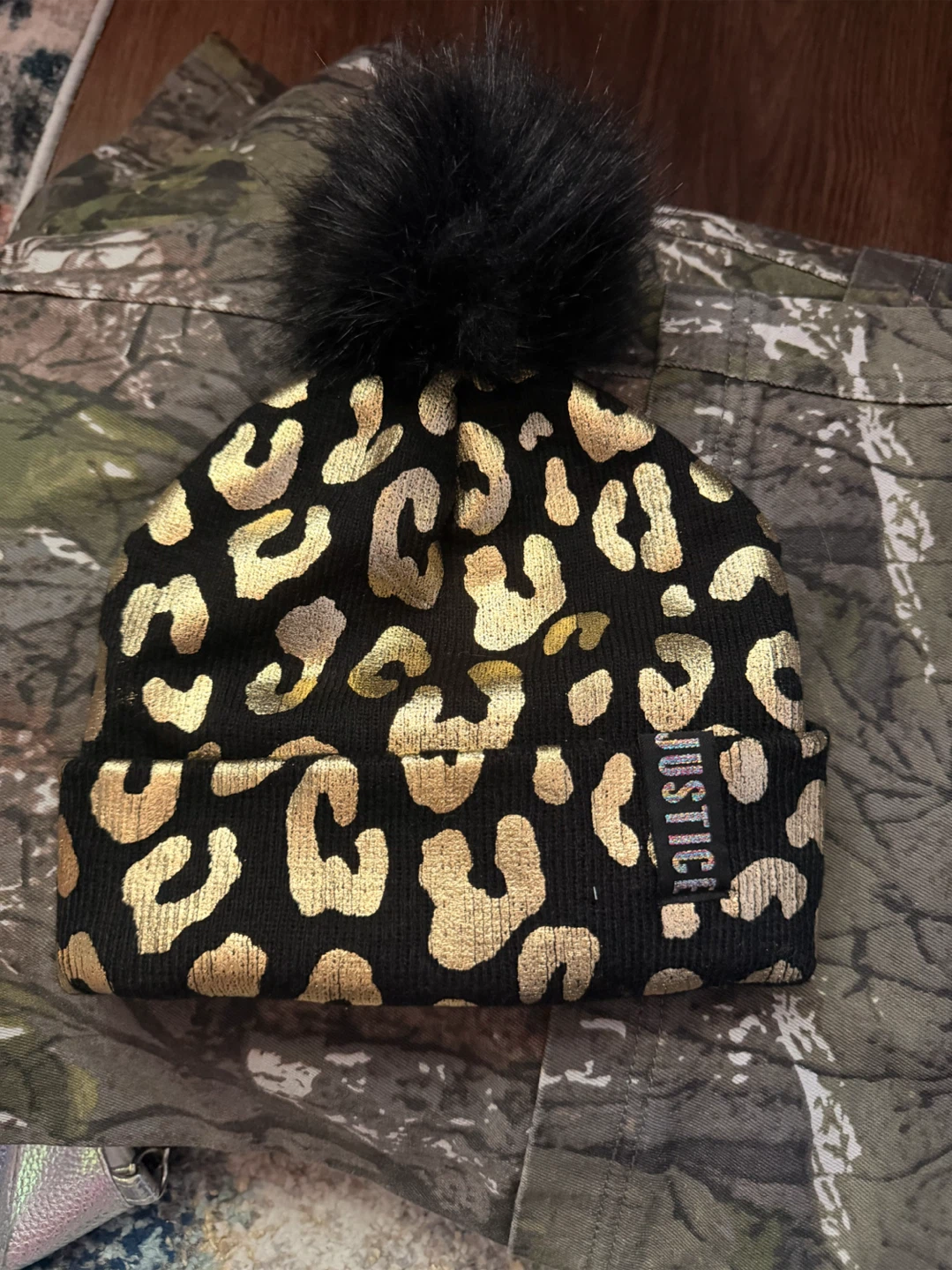Justice Black & Gold Leopard Print Beanie with Pom