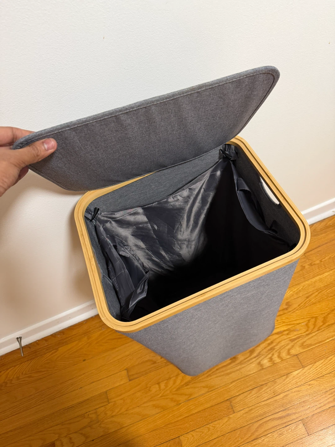 Grey Collapsible Laundry Hamper with Bamboo Lid - photo 2