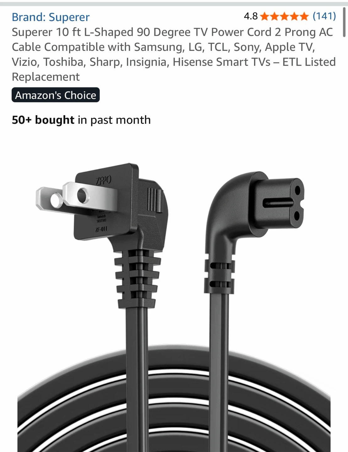 Superer 10 ft L-Shaped 90 Degree TV Power Cord