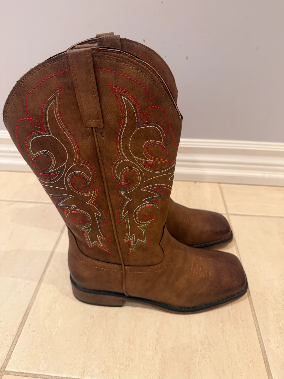 Brown Cowboy Boots with Red and Green Stitching