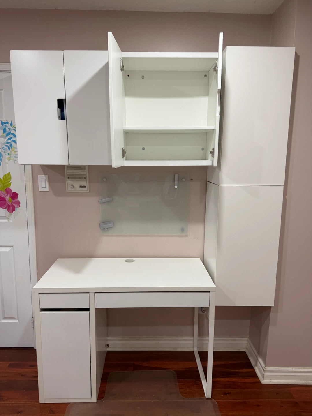 IKEA desk + shelves + glass board
