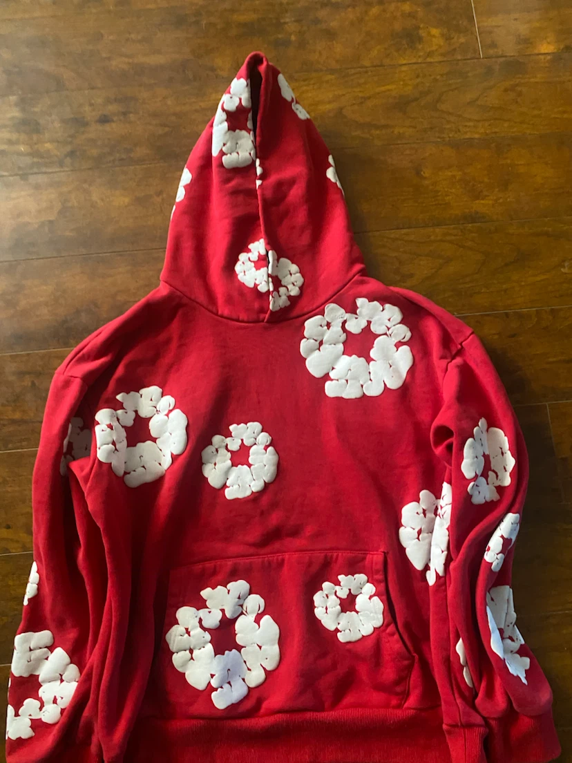 DENIM TEARS Red Hoodie with White Appliqué Size M