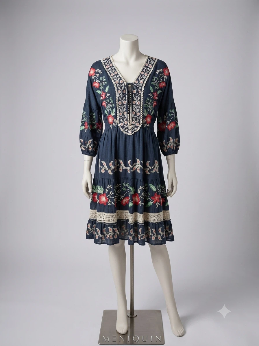 Blue Embroidered Tiered Dress