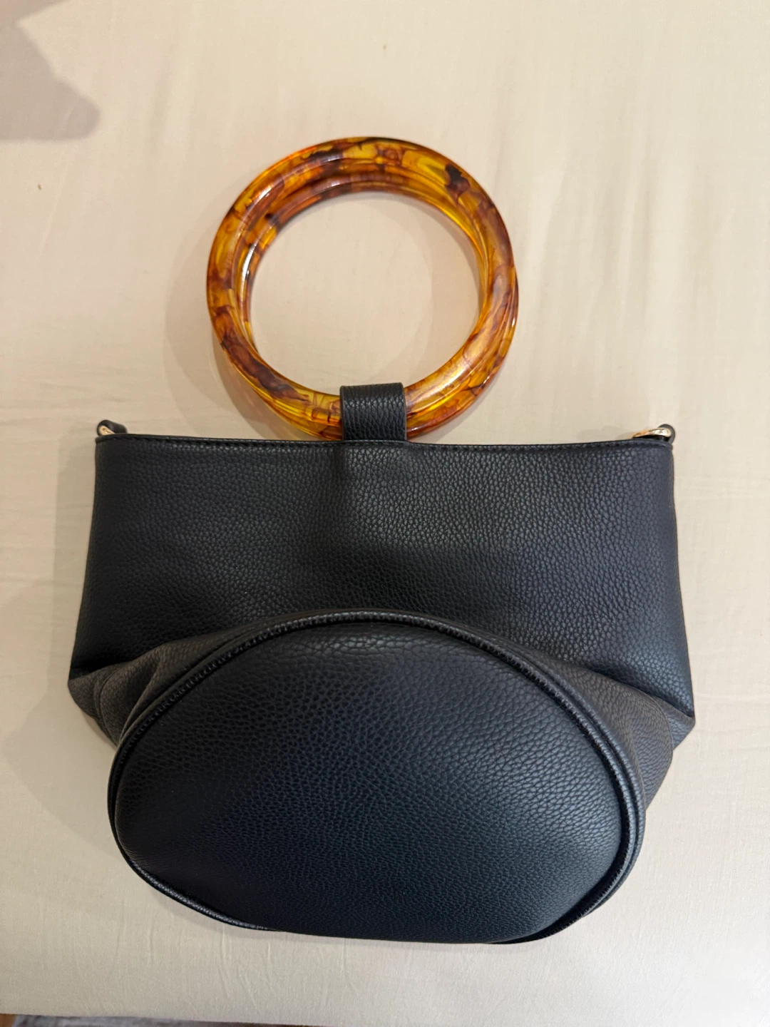 Black Faux Leather Handbag with Tortoiseshell Handle