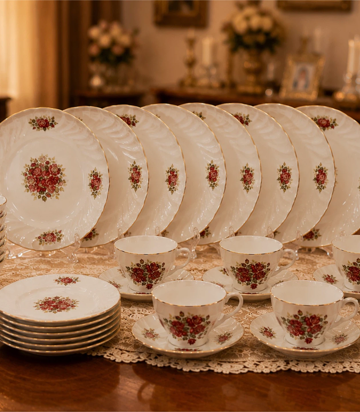 Vintage Rose Pattern Fine China Tea Cup and Saucer Set