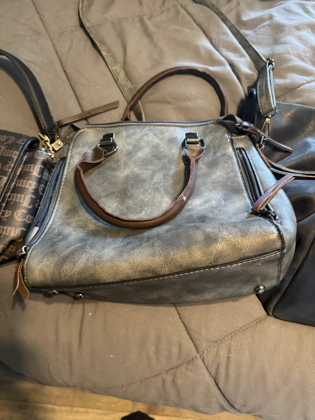 Grey Faux Leather Satchel Handbag
