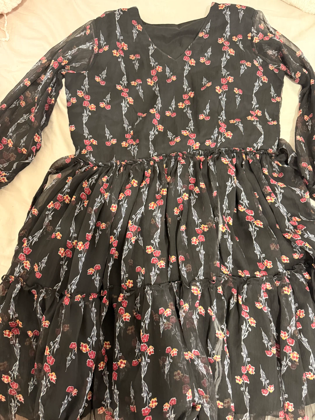 Black Floral Print Chiffon Dress