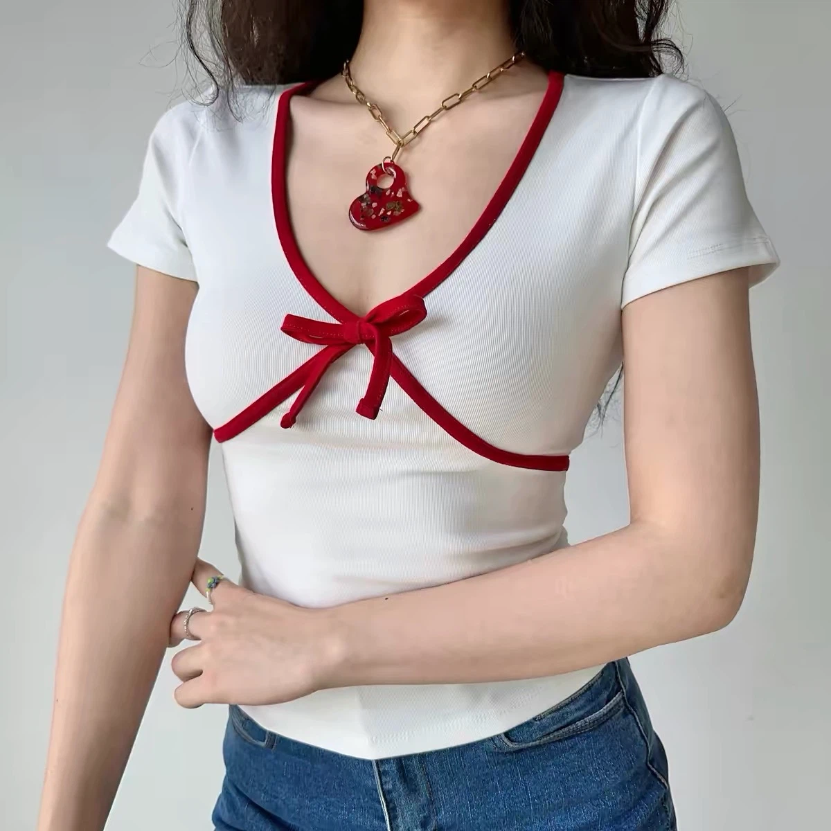 White & Red Trim Top Size S