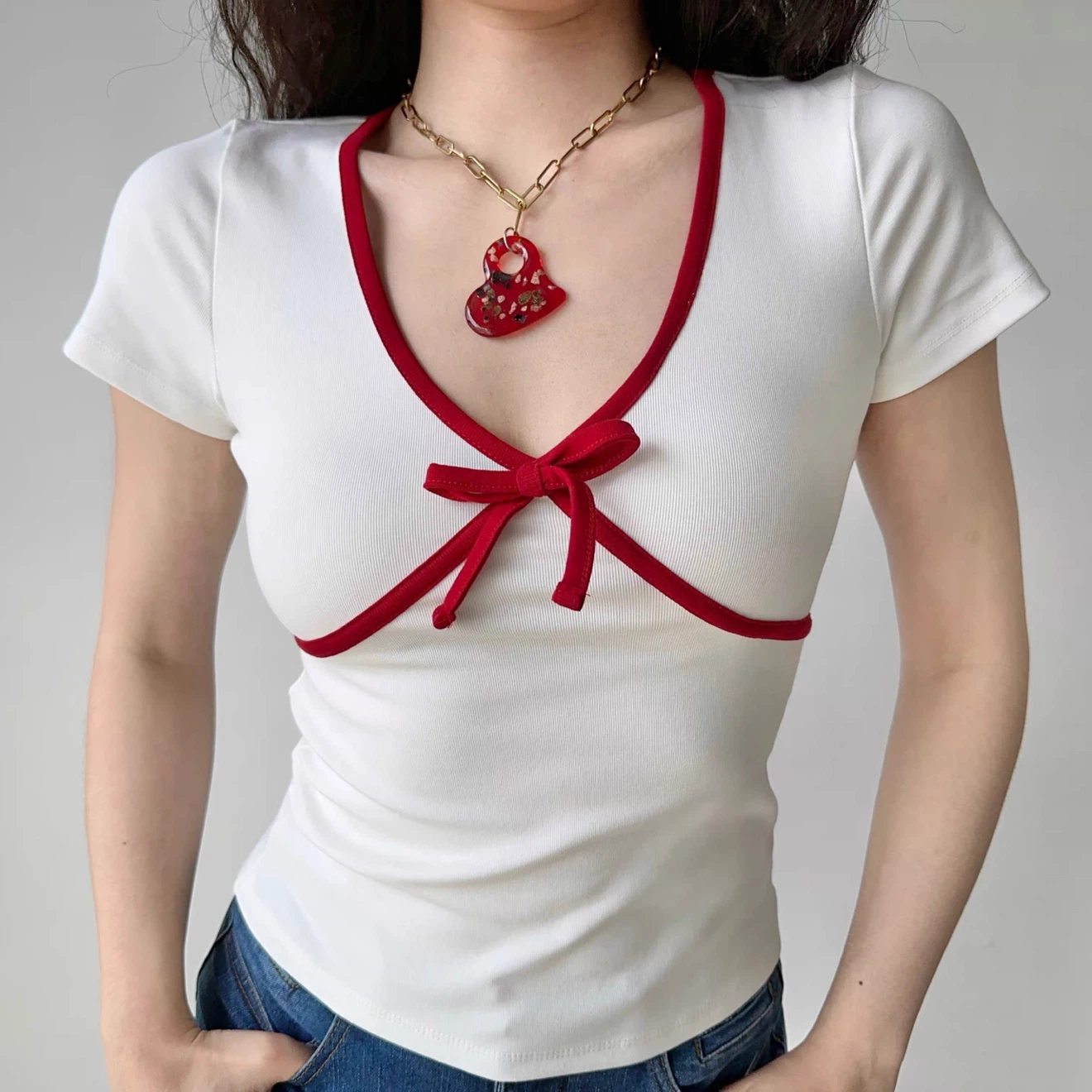 White & Red Trim Top Size S - photo 2