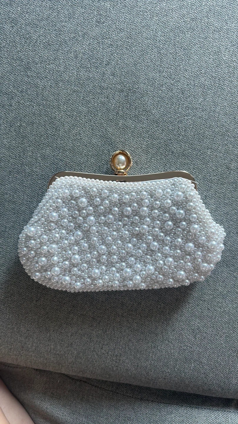White Beaded Clutch Purse with Pearl Accent