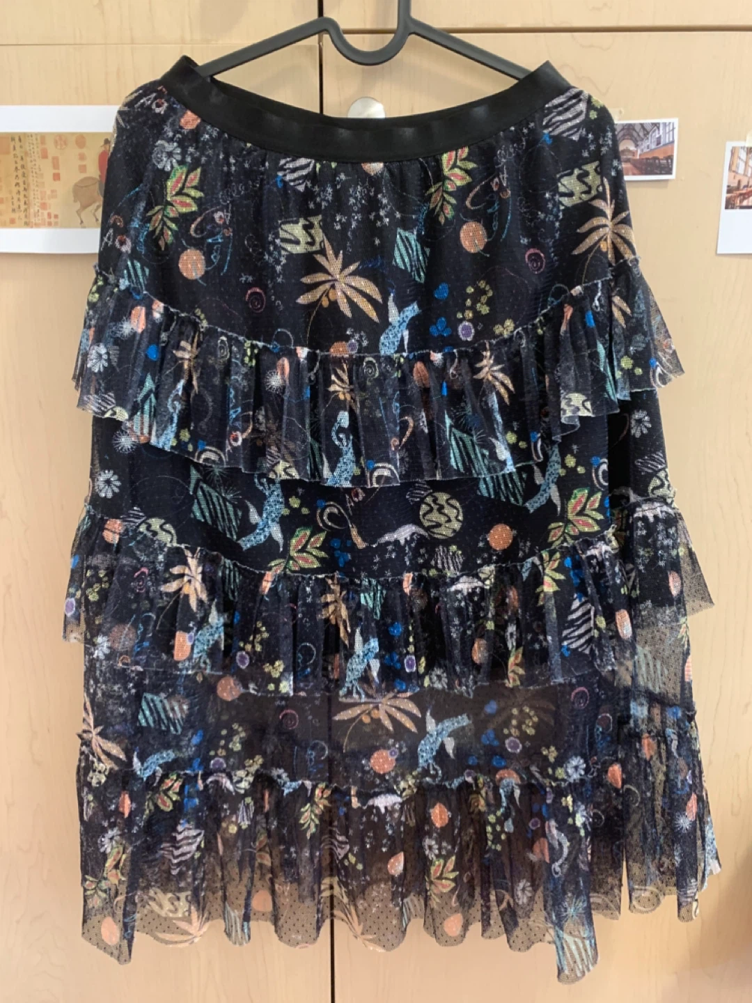 Size S/M Black Tiered Mesh Ruffle Midi Skirt Glitter Cosmic