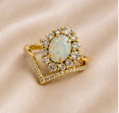 14k Gold Plated 925 Sterling Silver Opal Stone Ring Set