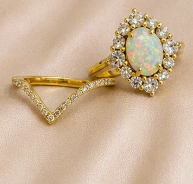 14k Gold Plated 925 Sterling Silver Opal Stone Ring Set - photo 3