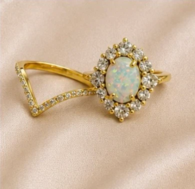 14k Gold Plated 925 Sterling Silver Opal Stone Ring Set - photo 4