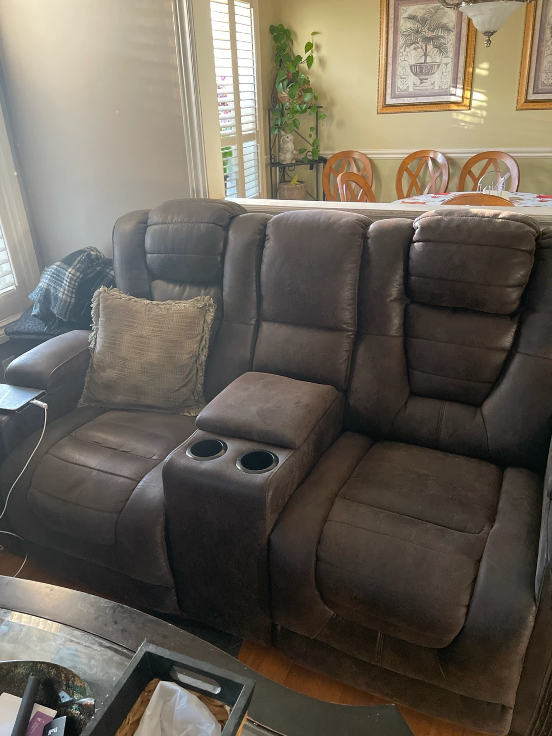Brown Faux Leather Recliner Sofa with Cup Holders