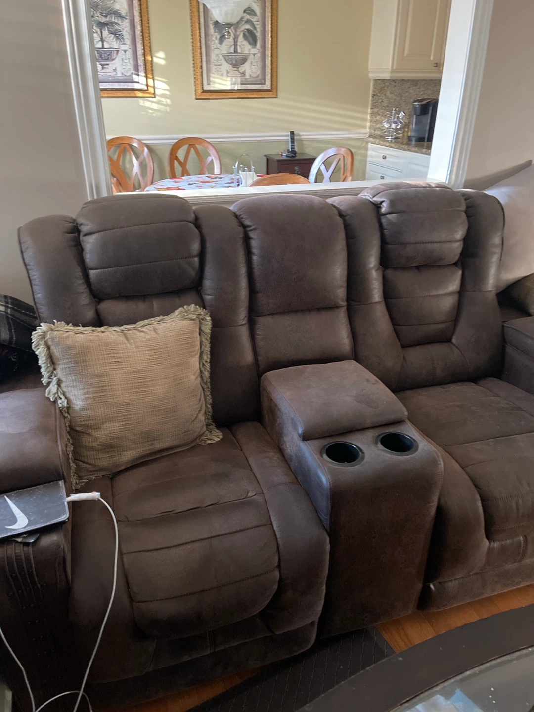 Brown Faux Leather Recliner Sofa with Cup Holders - photo 2