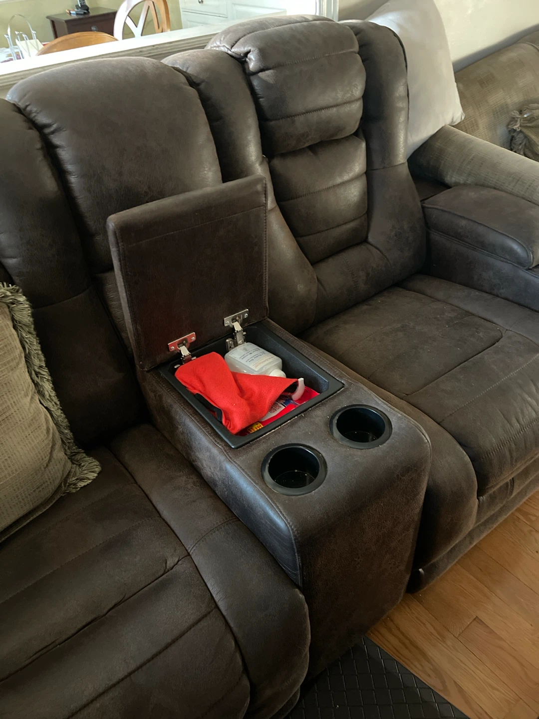 Brown Faux Leather Recliner Sofa with Cup Holders - photo 3