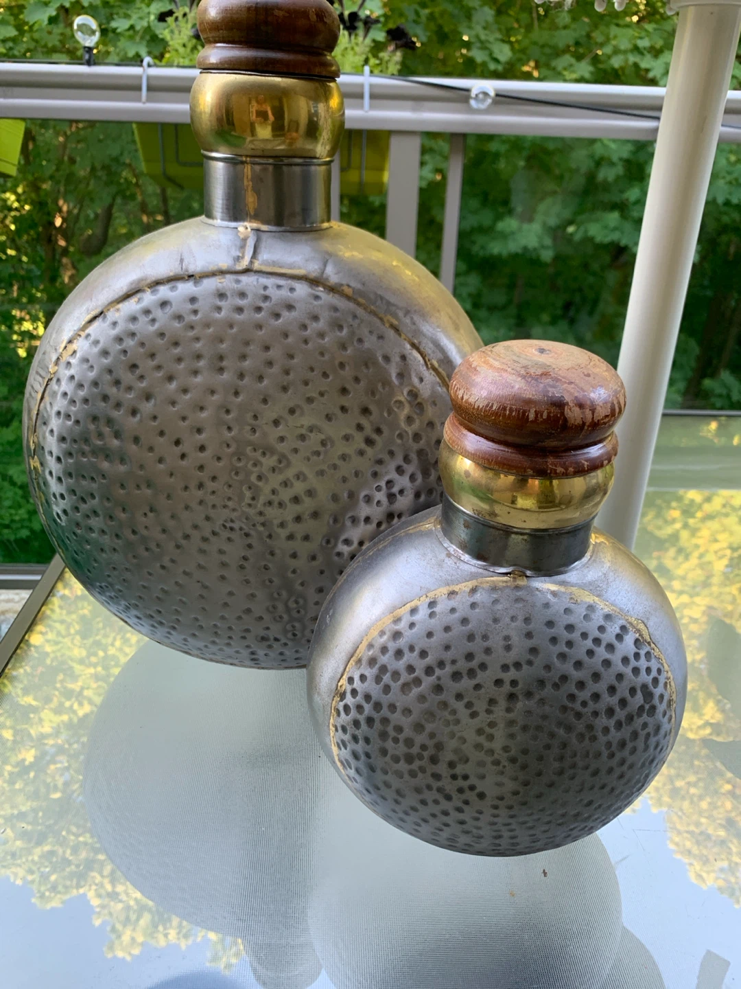 Set of 2 Hammered Metal Decorative Bottles with Wood Tops