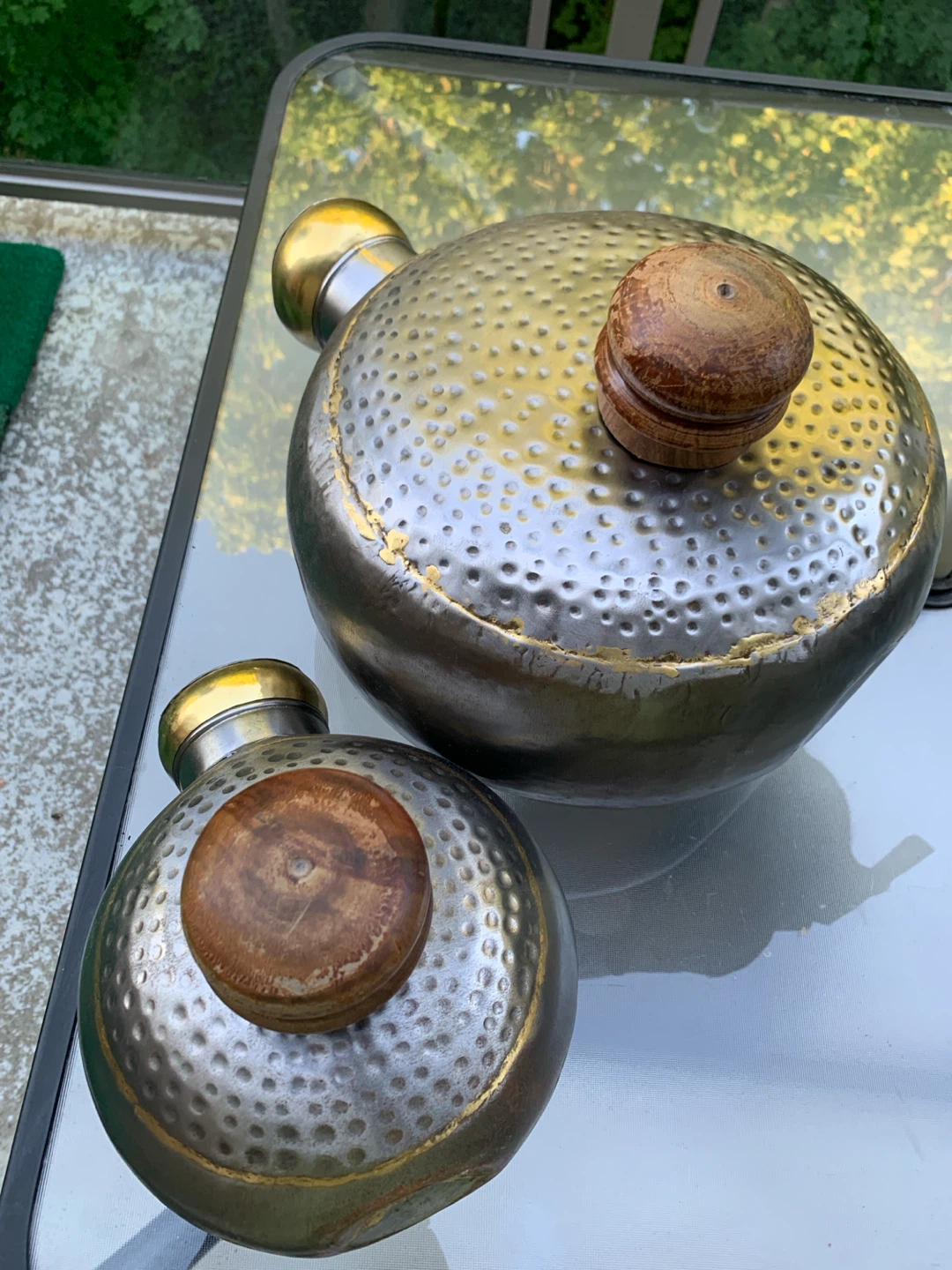 Set of 2 Hammered Metal Decorative Bottles with Wood Tops - photo 2